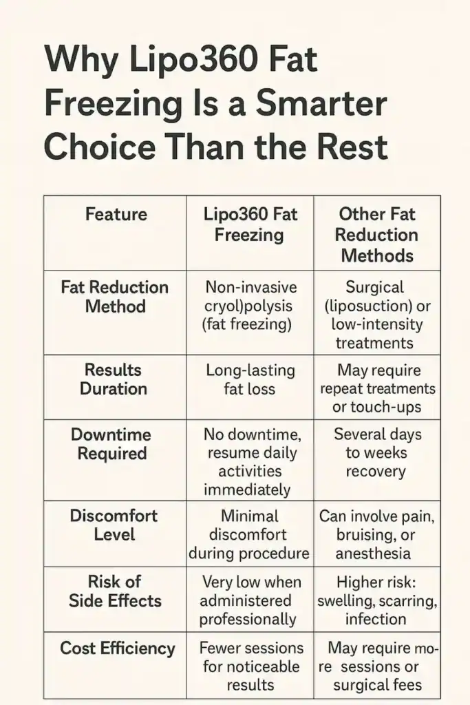 Is it possible to permanently freeze fat cells? 2 Table showing benefits of fat freezing to remove fat cells West Tilbury from Lipo 360